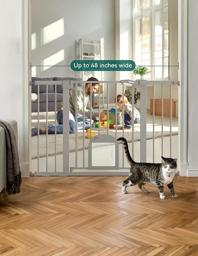Babelio 29-48" Extra Wide Baby Gate with Adjustable Cat Door,Easy Install Pressure/Hardware Mounted,Auto Close Pet door for Stairs,House,Doorways,Effortless Walk Thru,Gray-CubbioJoy