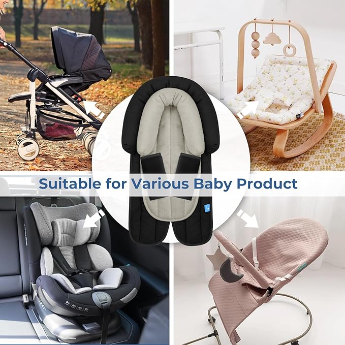 COOLBEBE Upgraded Babybody Support & Strap Covers Set for Newborn Infant Toddler - Extra Soft Breathable Car Seat Insert Cushion Pad, Perfect for Carseats, Strollers, Swing, Black-CubbioJoy