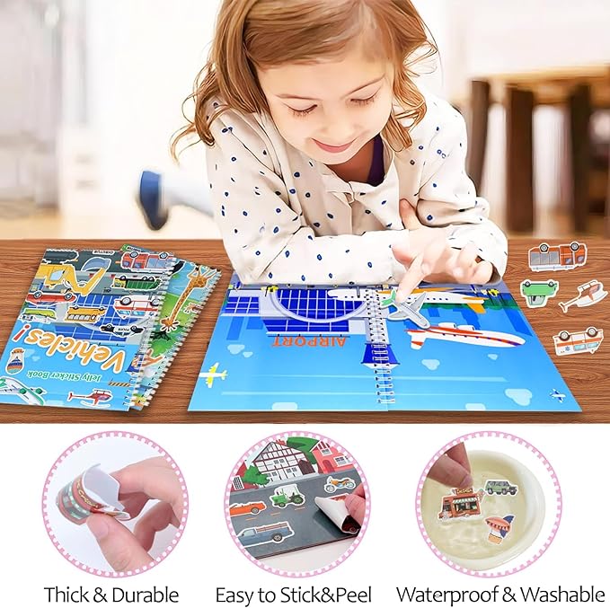 Jelly Sticker Books for Toddlers 2-4 Years, Reusable Sticker Book for Kids 1-3, Toddler Travel Essentials Vehicles Stickers for Kids Toddler Plane Activities (Vehicles)-CubbioJoy