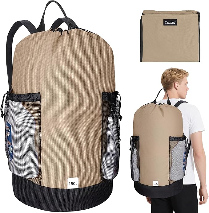 BALEINE 150L Laundry Bag Backpack, 900D Oxford Fabric Large Travel Laundry Bags with Shoulder Straps and 2 Mesh Pockets for College Dorm, Apartment, Laundromat (Khaki, 150L)-CubbioJoy