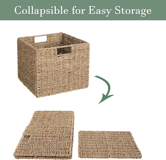 12x12x10in Seagrass Storage Baskets Set of 2, Large Wicker Storage Basket, Decorative Seagrass Shelf Basket, Pantry Baskets Organization,Folding Storage Cube Bins-CubbioJoy