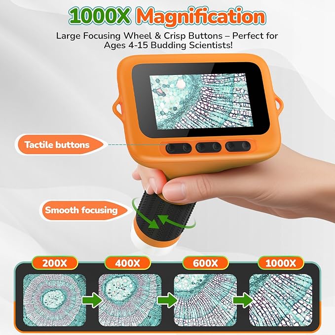 3" Screen Digital Microscope for Kids: 1000X Rechargeable Mini Pocket Portable Miniscope Magnifying Glass 4K Coin Jewelry Loupe Edu Science STEM Toy Xmas Gift 4-12 Boys Girls-CubbioJoy