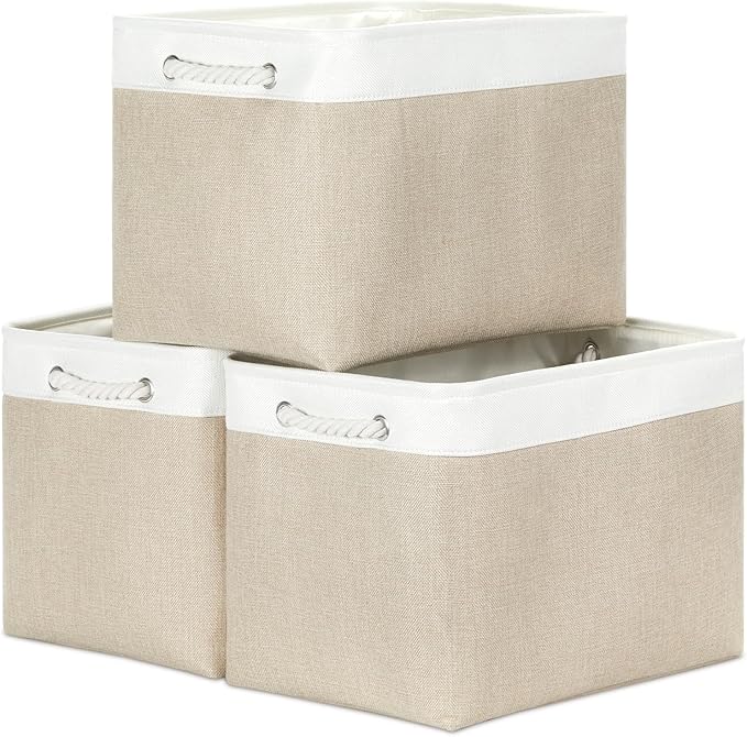 Bidtakay Large Storage Baskets for Organizing Fabric Closet Organizers Storage Bins with Handles 3-Pack 16x11.8x11.8 Inch Collapsible Baskets for Shelves Clothes Home Organization L-White&Beige-CubbioJoy