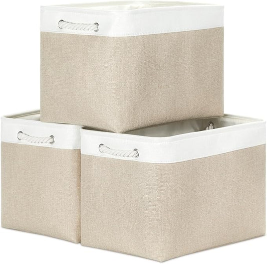 Bidtakay Large Storage Baskets for Organizing Fabric Closet Organizers Storage Bins with Handles 3-Pack 16x11.8x11.8 Inch Collapsible Baskets for Shelves Clothes Home Organization L-White&Beige-CubbioJoy