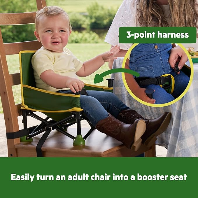 Bright Starts John Deere Pop 'N Sit Portable Booster Chair, Floor Seat, Indoor/Outdoor Use, Compact Fold, Green and Yellow, 6 Mos - 3 Yrs-CubbioJoy