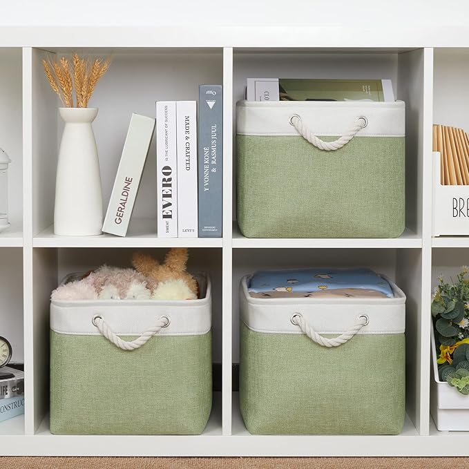 Bidtakay Large Fabric Baskets for Organizing [3-pack] Closet Organizers and Storage Baskets for Gifts Empty Foldable Nursery Baskets for Toy Storage 15 X 11 X 9.5 Inches (White&green)-CubbioJoy