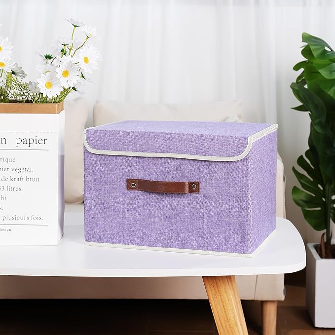 ANMINY Storage Bin with Lid Storage Boxes with PU Leather Handles PP Plastic Board Decorative Foldable Lidded Cotton Linen Fabric Home Cubes Baskets Closet Organizer Container - Purple, Large Size-CubbioJoy