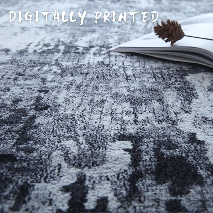 3x5 Rug Washable Boho Rug Soft Area Rug Abstract Pattern Non-Slip Non-Shedding Faux Wool Vintage Rug for Bedside, Bedroom Rug, Kitchen, Floor, Indoor, Laundry, Grey and Black-CubbioJoy