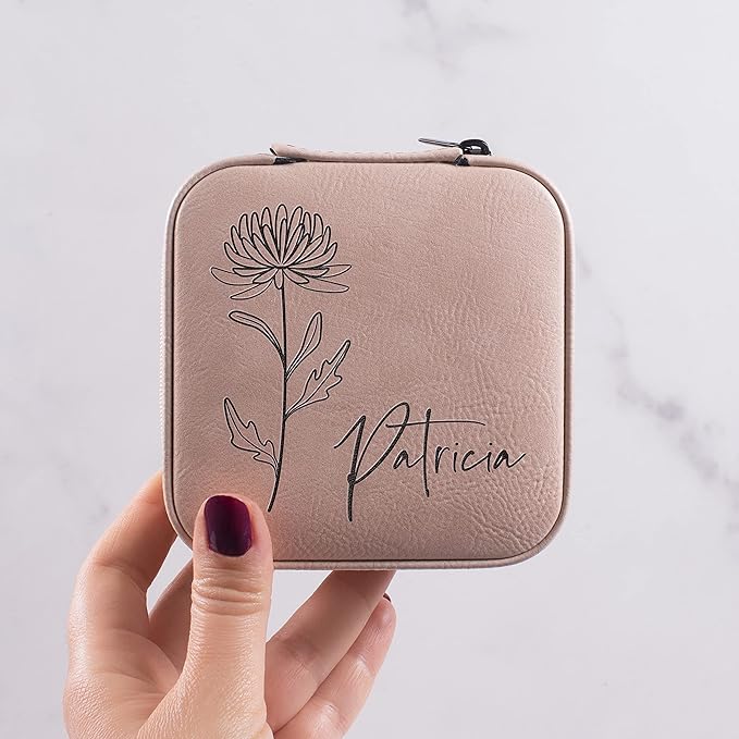 Custom Leather Jewelry Box w/Name & Birth Flower Month - Birthday Gifts for Women, Personalized Jewelry Travel Case - Customized Jewelry Organizer Box, Mom Birthday Gifts - White-CubbioJoy