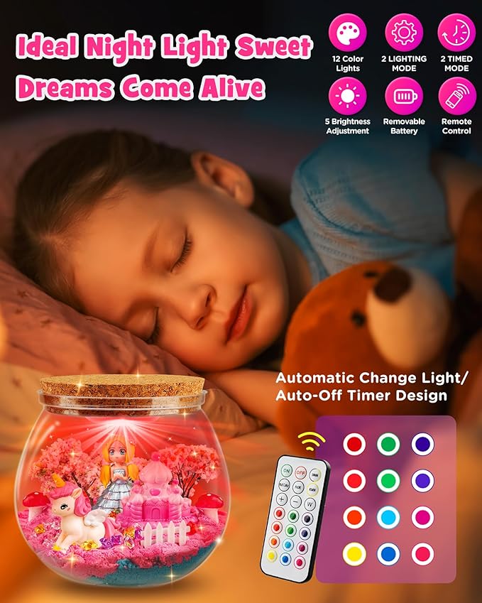 D-FantiX Unicorn Princess Toys Terrarium Kit for Kids, Led Night Light Birthday for Little Girls, DIY Arts and Crafts Science Kit for Kids Age 3 4 5 6 7 8-12 Year Old-CubbioJoy