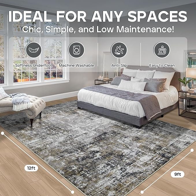 9x12 Area Rugs for Living Room Rug Washable: Modern Large Rug for Dining Room Bedroom Carpet Non Slip 9 by 12 Indoor Abstract Nursery Home Office Black Gold-CubbioJoy