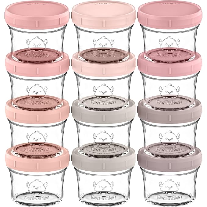 KeaBabies 12pk 4oz Glass Baby Food Containers with Lids - Leak-Proof, Microwavable Small Glass Jars, Baby Purees & Toddler Snack Storage Containers, BPA-Free, Dishwasher & Freezer Safe (Roseate)-CubbioJoy