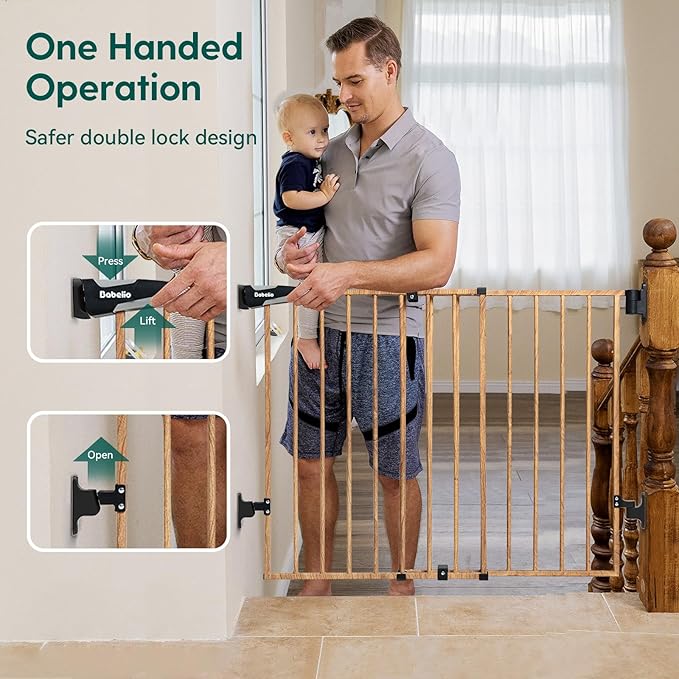 Babelio 34" Extra Tall Baby/Dog Gate with No Threshold Design Walk Thru Door, 26-43" Auto Close Safety Gate for Babies, Elders and Pets, Fits Doorways, Stairs, and Entryways, Brown Wood Pattern-CubbioJoy