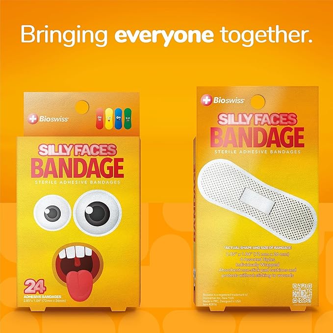 BioSwiss Bandages, Silly Faces Self Adhesive Bandage, Googly Eyes Latex Free Sterile Wound Care, Standard Shape for Kids and Adults, 24 Count-CubbioJoy
