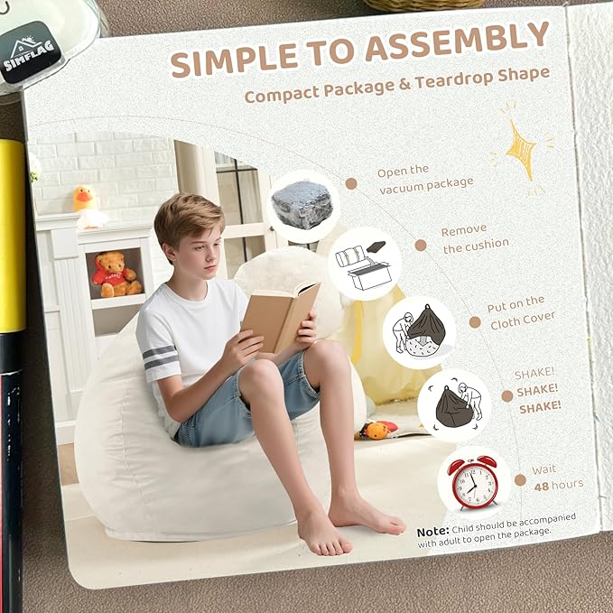 2FT Bean Bag Chair, Comfy Bean Bag Chairs with Memory Foam Filled, Fluffy Beanbag Sofa with Dutch Velvet Cover, Teardrop BeanBag Chairs for Living Room, Playroom - Beige-CubbioJoy