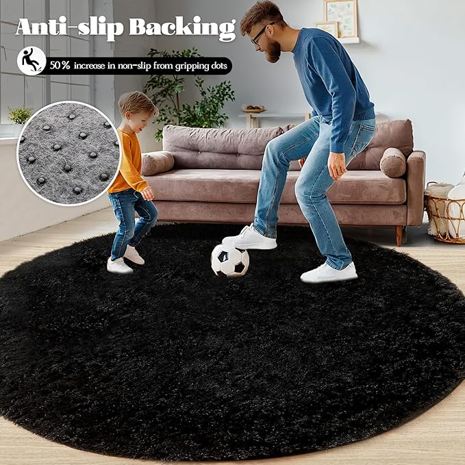 4FT Round Rug for Bedroom: Fluffy Shag Soft Washable Rugs Circle Small Fuzzy Plush Indoor Carpet for Living Room Nursery Playroom Dorm Kids Girls Boys Room (Black, 4'x4')-CubbioJoy