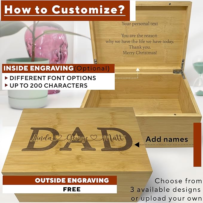 Dad Gifts from Son - Custom Engraved Wooden Box with Kids Names, Unique First Father's Day Gift Ideas, Customized Gifts for Dad for Christmas, Papa Grandpa Gift Fathers Day from Grandkids 11x8x4.75 in-CubbioJoy