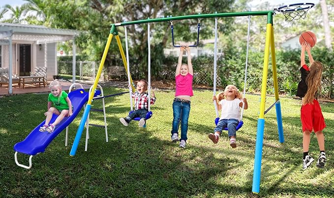 5-in-1 Swing Sets for Backyard for Kids 3-8, Tree Swings for Kids Outdoor with Slide, Basketball Hoop, Two Swing Seats and Gymnastics Rings-CubbioJoy