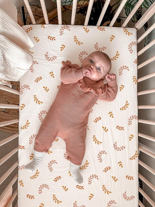 Bassinet Sheet for Baby Boy and Girl, Fitted Sheets for Rectangle, Oval, Hourglass Bassinet Mattress, Muslin Moses Basket Sheets with Neutral Style (Leaf)-CubbioJoy
