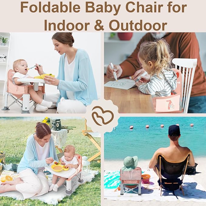 Baby Travel Booster Seat with Double Tray, BabyBond Upgraded Toddler Portable Baby Chair, Booster Seat for Dining Table, Stable and Foldable Booster Baby Chair for Indoor/Outdoor (Pink Dinosaur)-CubbioJoy