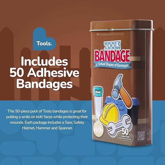 BioSwiss Bandages, Tools Shaped Self Adhesive Bandage, Latex Free Sterile Wound Care, Fun First Aid Kit Supplies for Kids and Adults, 50 Count-CubbioJoy