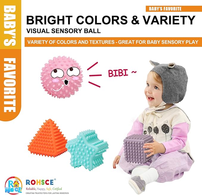 Baby Sensory Balls, Montessori Toys Soft Baby Balls 6 to 12 Months Textured Geometric Shapes for Babies' Sensory Development, Multicolor Bath Gifts Spiky Squeeze Ball for Infant Kids-CubbioJoy