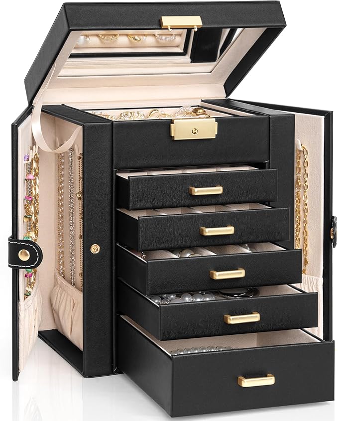 AKOZLIN 6-Tier Jewelry Box Lockable Leather Jewelry Storage Case with 5 Drawers for Women Girls Ring Necklace Earring Bracelet Holder Organizer with Mirror-CubbioJoy