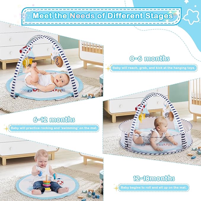 Baby Play Mat, 4-in-1 Baby Play Gym Tummy Time Mat with Ball Pit and 5 Detachable Toys for Newborn to Develop Sensory Exploration and Motor Skill 0-6-12 Months-CubbioJoy