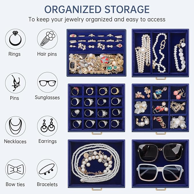 AKOZLIN 6-Tier Jewelry Box Organizer Functional 5 Drawers Leather Jewelry Storage Case for Women Girls Ring Necklace Earring Bracelet Holder Organizer with Mirror Blue-CubbioJoy