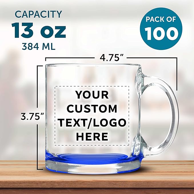Custom Clear Glass Coffee Mugs 13 oz. Set of 100, Personalized Bulk Pack - Perfect for Coffee, Tea, Espresso, Hot Cocoa, Other Beverages - Blue Bottom-CubbioJoy