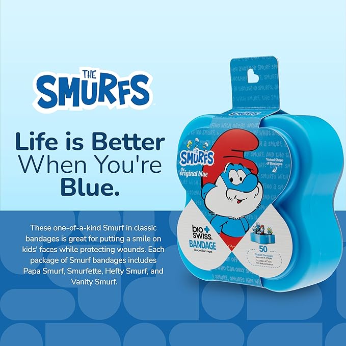 BioSwiss Bandages, The Smurfs Classic Shaped Self Adhesive Bandage, Latex Free Sterile Wound Care, Fun First Aid Kit Supplies for Kids and Adults, 50 Count Plastic Case-CubbioJoy