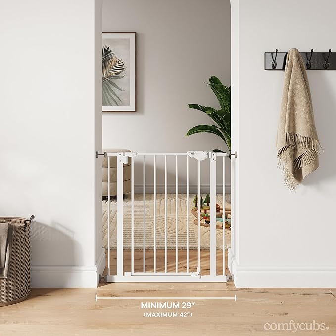 Comfy Cubs Baby Safety Gate with 3 Extensions - Adjustable 42" x 1.9" x 30" Q195 Steel Doorway Barrier - Powder-Coated Finish for Stairs and Doorways - Walk-Through Design Pet Gate - White-CubbioJoy