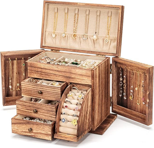 Jewelry Box Organizer, Solid Wood Jewelry Boxes for Women for Storage & Display Necklace Ring Earring Bracelet, Rustic Style Jewelry Organizer Box for Women Gifts (Carbonized Brown)-CubbioJoy