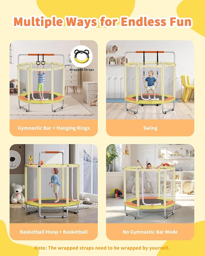55” Trampoline for Kids, Powder-Coated Mini Trampoline for Toddlers, Indoor Outdoor Toys with Adjustable Gymnastics Bar, Swing, Basketball Hoop, Birthday Gifts for Boys & Girls Ages 1-8-CubbioJoy