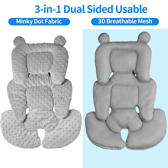 3in1 Baby CarSeat Head Support for Infant, Reversible Soft Infant Car Seat Insert Newborn Boy Girl, Breathable Cotton Head Body Support Pillow Cushion,Stroller,Swing,Bouncer,Baby Registry,Grey-CubbioJoy