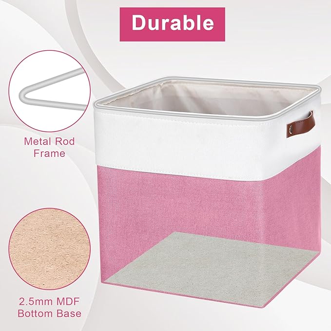 13x13 Cube Storage Bins, Collapsible Fabric Storage Box, 4 Pack Closet Baskets with Handles for Organizing, Shelf, Toys, Clothes, Home, Office, Nursery (Pink&White)-CubbioJoy