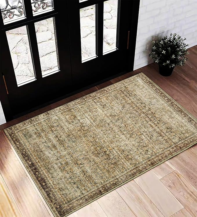 Area Rug 2x3 Washable Rug Door Mat Vintage Distressed Taupe Doormat Indoor Entrance Traditional Thin Floral Print Non Slip Carpet for Kitchen Bathroom Bedroom Living Room-CubbioJoy