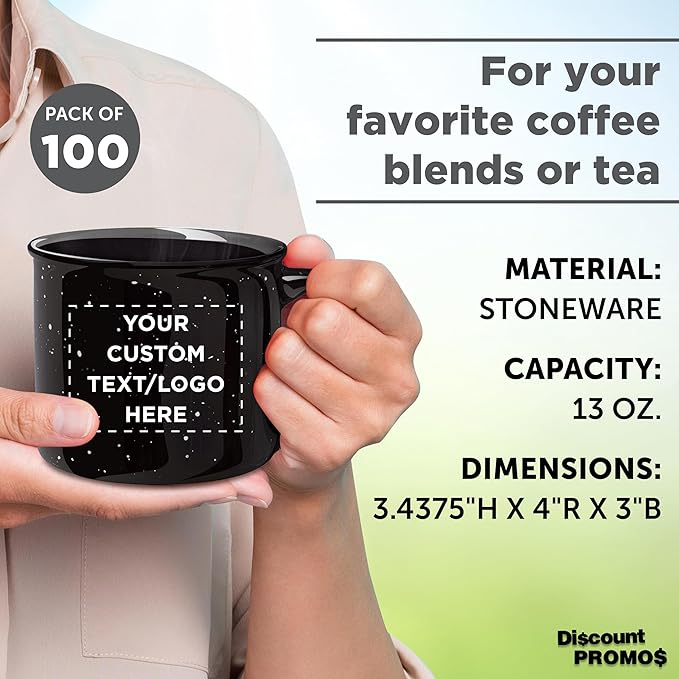 DISCOUNT PROMOS Custom Ceramic Campfire Coffee Mugs 13 oz. Set of 100, Personalized Bulk Pack - Perfect for Tea, Espresso, Cappuccino, Hot Cocoa - Black-CubbioJoy
