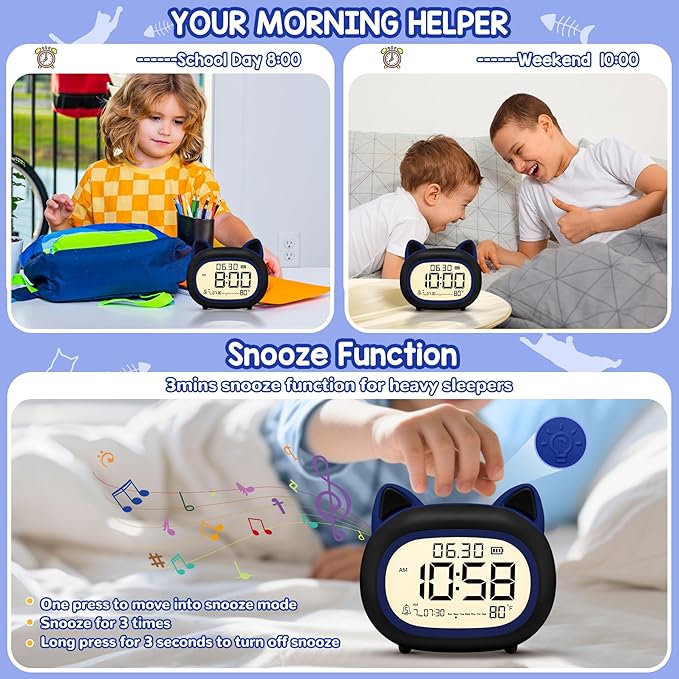 Kids Alarm Clock with Night Light for Kids, Small Digital Alarm Clocks for Bedrooms, Routine Builder, Cute Cat Alarm Clock with Sleep Training, Snooze, 12/24H, Date & Day, Temperature, USB Port-CubbioJoy