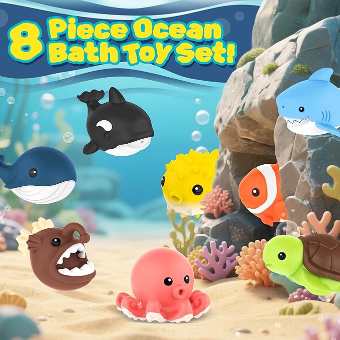 8 PCS Ocean Animal Bath Toys Mold Free Infant Bath Tub Toys for 12 Months - No Hole Bathtub Toys for Toddlers 1-3 Water Pool Toys for Baby Toddler Ages 1+-CubbioJoy