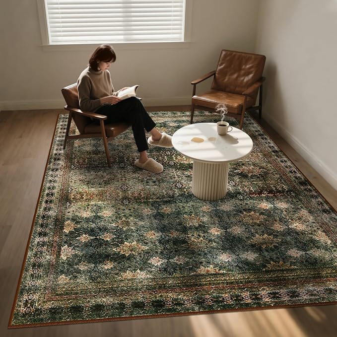 5x7 Washable Area Rug for Living Room Rustic, Non Slip Vintage Floral Bedroom Rugs Retro, Traditional Indoor Floor Carpet for Dining Room, Farmhouse, Office Classroom(Dark Green/Brown/Multi)-CubbioJoy
