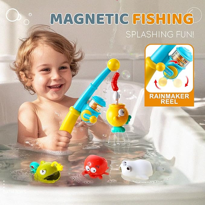 Bath Toys for Kids, Magnetic Fishing Toys with Storage Bag and Light up Star, Wind Up Creatures Baby Bathtub Birthday Gifts for Toddlers 2-4 Boys Girls, 11 Pcs Set-CubbioJoy
