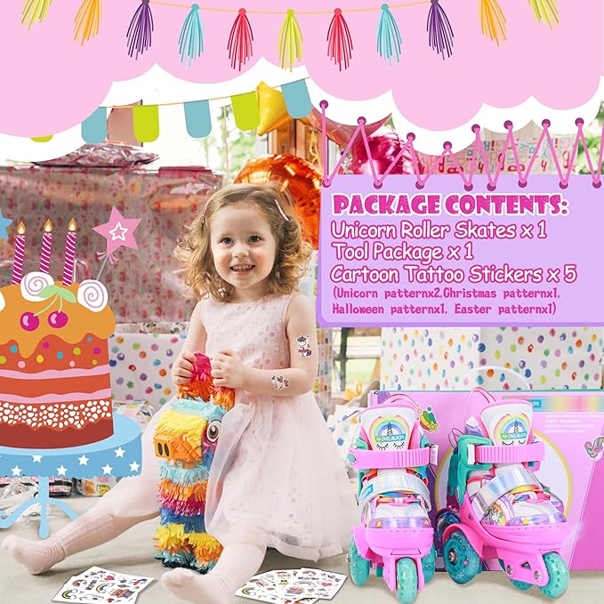 4-Pejiijar Rainbow Unicorn Kids Roller Skates for Girls Toddler Ages 2-4 5-8 8-12,Adjustable Roller Shoes with Luminous Wheels for Birthday Xmas Gifts-CubbioJoy