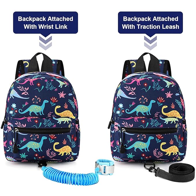 Accmor Toddler Backpack Leash with Anti Lost Wrist Link, Cute Mini Child Walking Harnesses Keep Kids Close Back Pack Rope Tether Rein for Baby Boys (Navy Blue/Dinosaur)-CubbioJoy