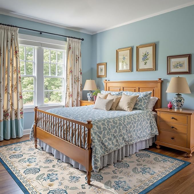 jinchan 8x10 Floral Rug for Living Room Washable Bedroom Rug Vintage Romance Design Non Slip Thin Indoor Floor Cover Large Low-Profile Throw Carpet for Dining Room Office, Blue/Beige-CubbioJoy