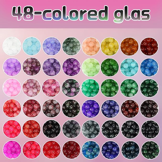 JULIMAIDONG 8mm Glass Beads for Bracelets 2100pcs, 48 Colors Round Crystal Glass Bracelet Making Kit for Jewelry Making Kits Bead DIY Crafts with Spacer Charms Accessories (48Color(Solid+Printing)-CubbioJoy