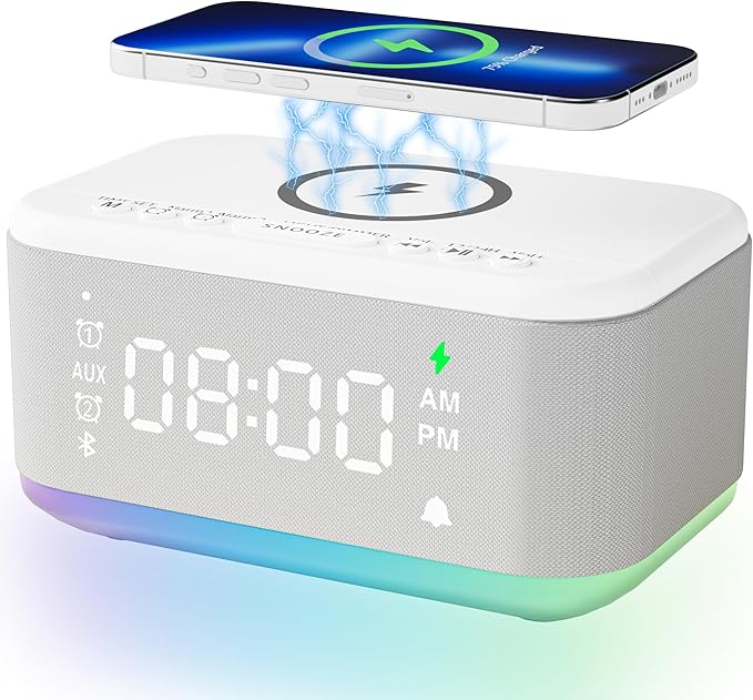 Alarm Clock Speaker Wireless Charger, Digital Alarm Clocks Bedrooms Bluetooth, Alarm Clock Dimmable Light Bedrooms Dual Alarm Snooze Dimmer 12 24H RGB Night Light Bluetooth USB AUX, White-CubbioJoy
