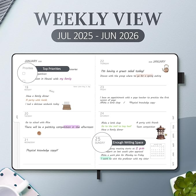 2025-2026 Planner for Women, Lather Weekly & Monthly Organizer, July 2025-June 2026, Hardcover with Gold Foil, Tabs, and Inspirational Pages - Ideal for Professionals, Black-CubbioJoy