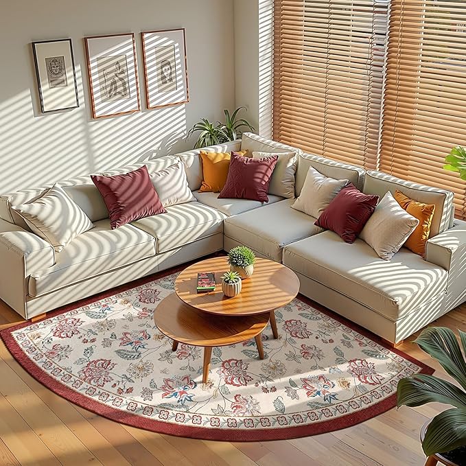 jinchan Floral Corner Rug for Living Room Washable Bedroom Rug Vintage Romance Design Non Slip Quarter Circle Lightweight Low-Pile Throw Carpet for Reading Nook Playroom,6ft Radius, Red/Beige-CubbioJoy