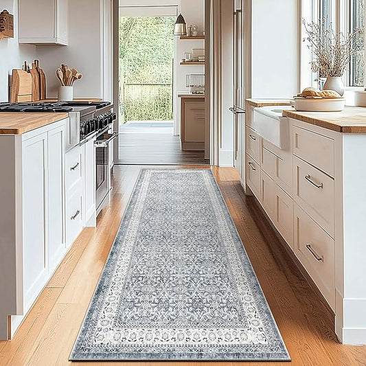 jinchan Hallway Runner Rug 2x8 - Machine Washable Grey Vintage Floral Distressed Design Soft Non-Slip Low-Pile Ultra-Thin Runner Rug for Kitchen Laundry Room Bedroom Farmhouse (2‘x8',Grey)-CubbioJoy